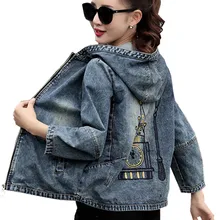 Весенняя куртка-бомбер размера плюс 4XL 5XL, женские вышитые джинсовые куртки-бомберы с капюшоном, Женские базовые куртки C3191
