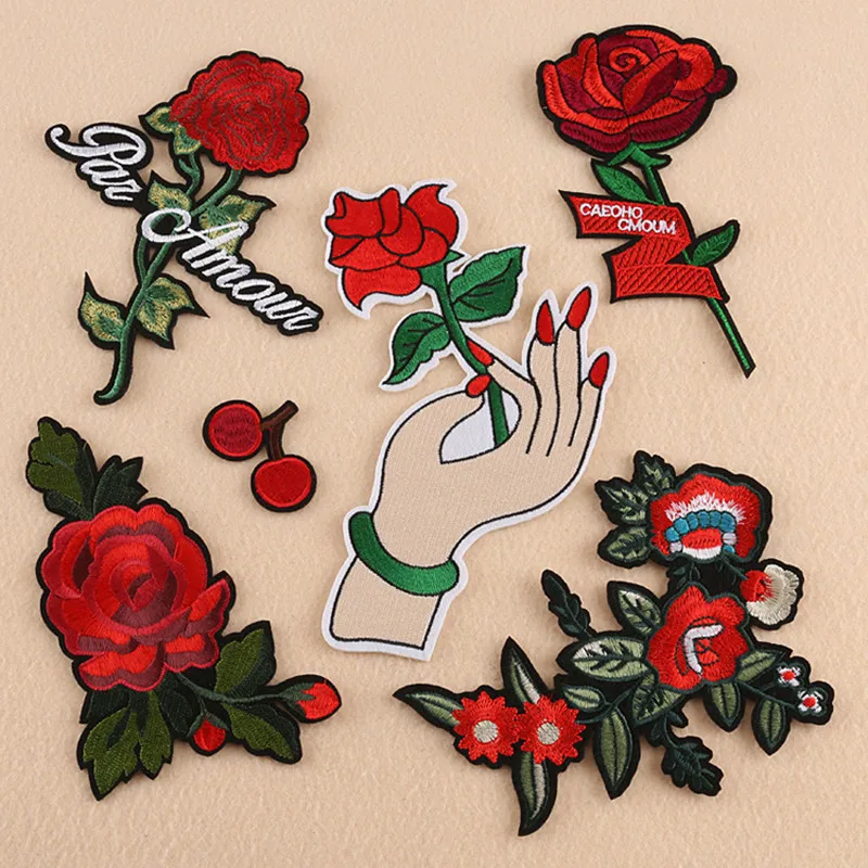NEW Red Rose Flower Patch Embroidered Iron On Patches Applique Badge ...