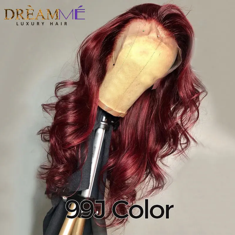 Красная объемная волна Синтетические волосы на кружеве парики из натуральных волос с Африканской структурой, предварительно эффектом деграде(переход от темного к бразильские бордовые парики человеческих волос 13X6 глубокий часть фронтальной парик для черных Для женщин - Цвет: 99J Color
