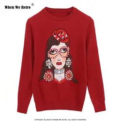 Когда мы Ретро 2018 осень-зима взлетно-посадочной полосы дизайнерские очки для девочек красный вязаный свитер Пуловеры Для женщин алмазов