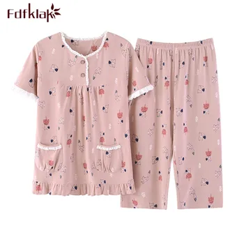 

Fdfklak Cotton Pajamas Women Short Sleeve Sleepwear Set Female Nightwear Pajama Cartoon Printing Pyjamas Women Pijama Mujer