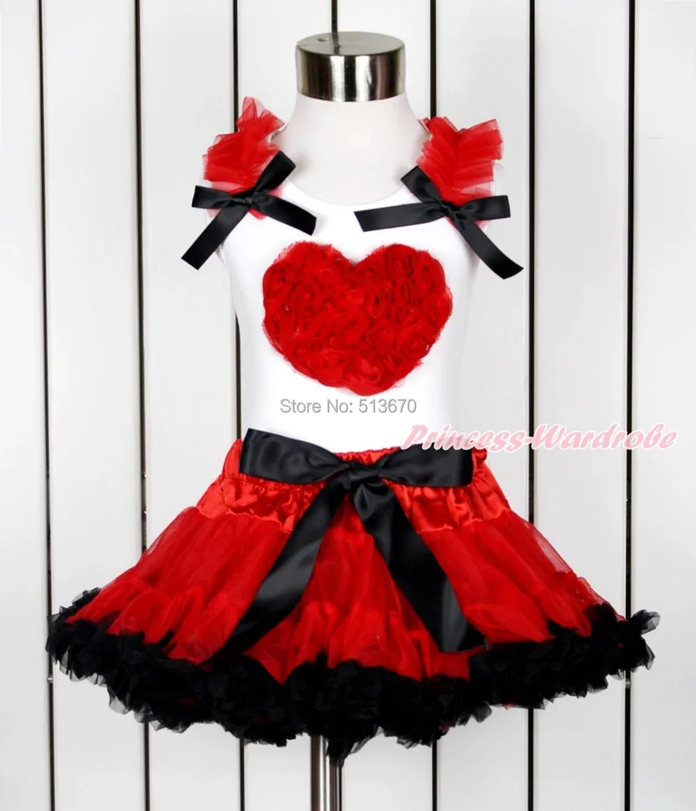 

Valentine Red Romantic Rose Heart White Top Red Black Girl Pettiskirt 1-8Year MAPSA0116
