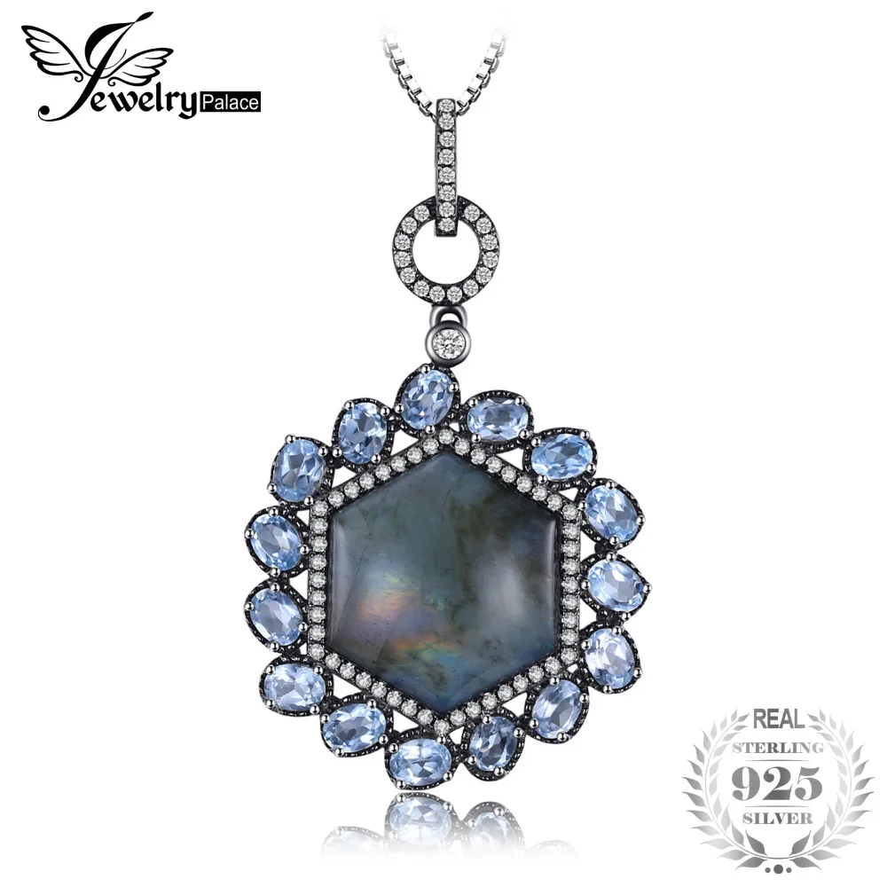 

JewelryPalace Deluxe 17.5ct Genuine Labradorite Sky Blue Topaz Black Gold Plated Pendant Necklaces 925 Sterling Silver Jewelry