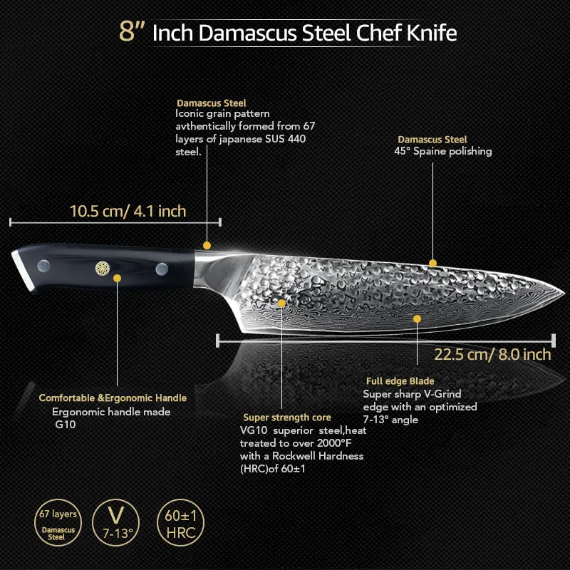  Damascus Chef Knife 8 Inch Kitchen Knife Japanese Damascus Steel VG10 Core 67 Layers Santoku Cleave - 4000035880319