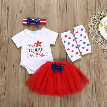 

baby girl summer clothes Letter Short Sleeve T-shirt + Red tutu Skirt + Bow Headband + Legging baby girl clothes Fourth of July