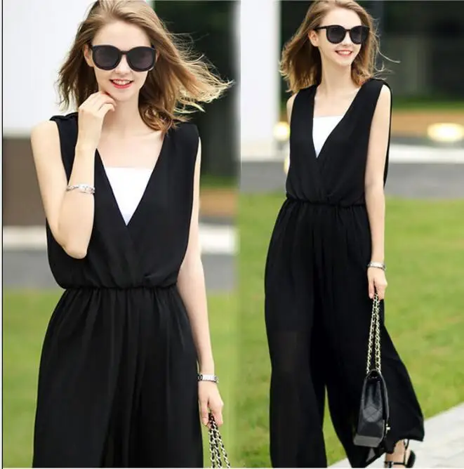 

Women Sleeveless Jumpsuits V-neck Fashion Office Lady Jumpsuit Summer Female Wide Leg Pants Rompers