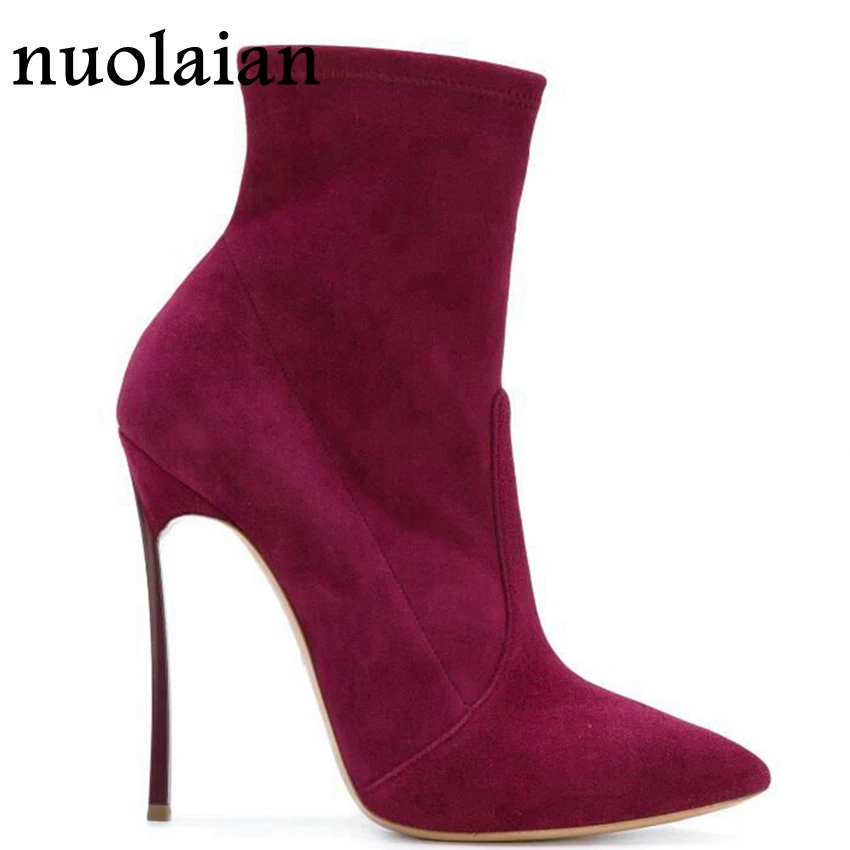 

10.5CM Women High Heel Boot Faux Suede Ankle Boots Woman Pointed Toe Sock Boots Winter Shoes Lady High Heels Leather Shoe