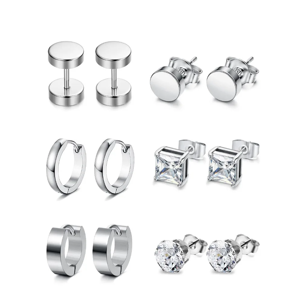 

6Pair Dumbbell Zircon Earrings Set With Stainless Steel Earpins Ear Nail Body Puncture Jewelry