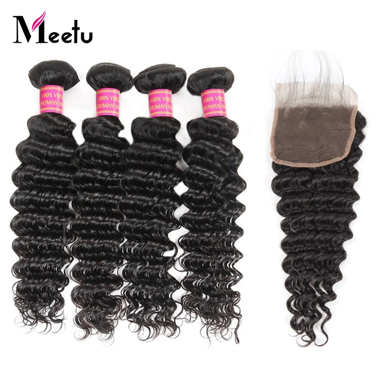 

Meetu Malaysian Deep Wave Human Hair Bundles With Closure Baby Hair Free Part Non Remy Hair Extensions 4 Bundles With Closure