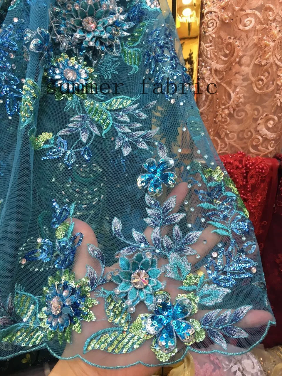 Fancy Sequins Net Fabric High Quality French Tulle Lace Fabric with 3d