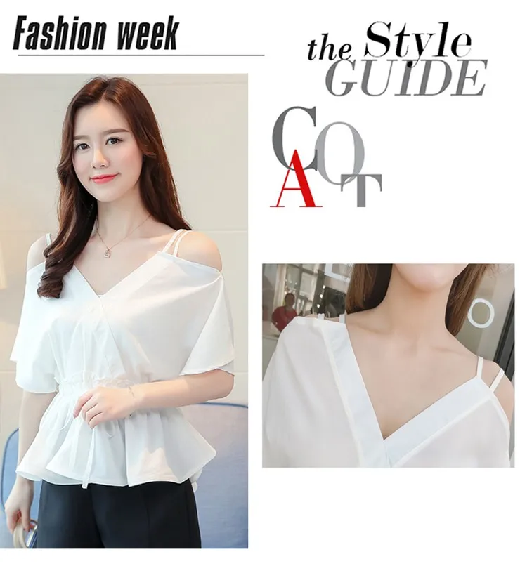 2018 Women Tops Summer Sexy Off Shoulder Blouse Ladies V-neck Short Sleeve Peplum Tops White Shirt Femme Chiffon Blusas Mujer  (3)