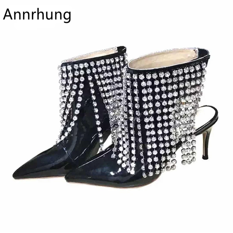 

Crystal Fringe Summer Ankle Boots Women Sexy High Heels Elastic Band Pointed Toe Rhinestone Tassel Short Booties De Mujer