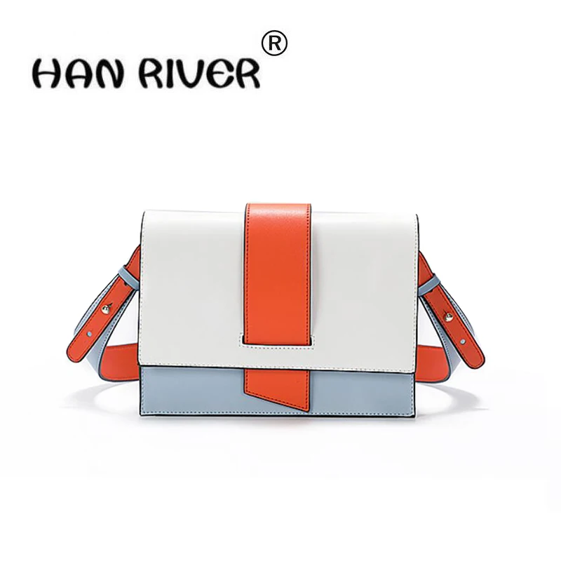 

HANRIVER 2018 spring and summer new style wide shoulder bump color simple oblique across leather lady's small square bag