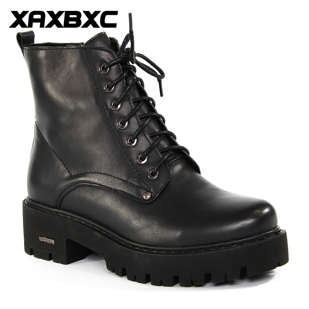 

XAXBXC 2018 Retro British Winter Black Brogues Platform Short Ankle Boots Warm Women Boots Handmade Casual Lady Shoes