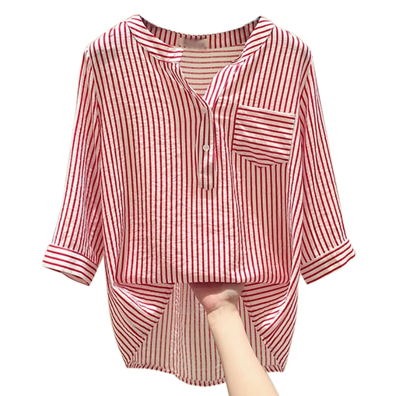 Women Summer Fashion All-match Casual Loose Concise Striped Three Quarter Sleeve Shirts