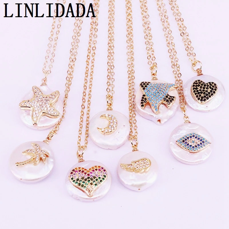 

10Pcs New Fashion Nature Pearl CZ Micro Pave Multi-Style Charm Gold Color Pendant Necklace