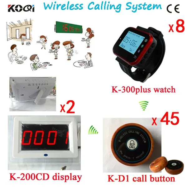 K-200CD+K-300plus-red+K-D1-wooden 2+8+45 Pager Wireless Waiter Buzzer Call System