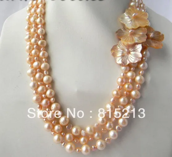 

ddh001709 3Strands 10mm Pink Round Freshwater Pearl Shell Flower Necklace