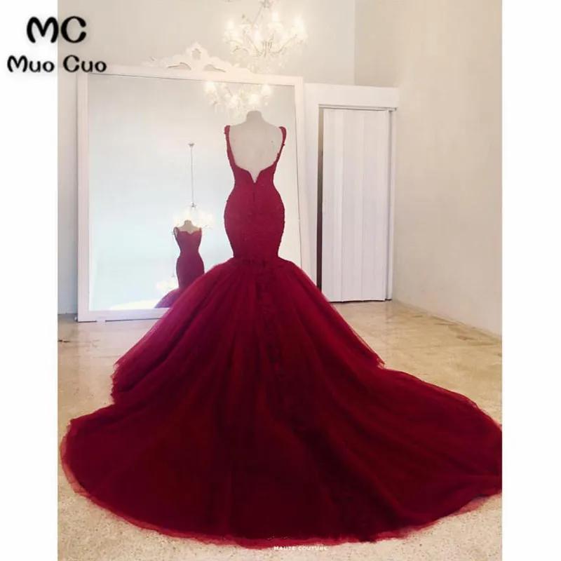 2018 Elegant Burgundy Mermaid Evening Dresses Long Appliques Spaghetti Straps Prom Gown Tulle Formal Evening Party Dress