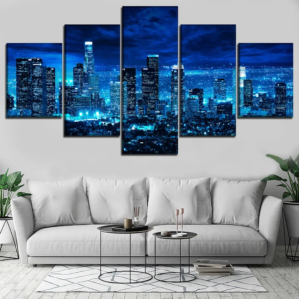 Los Angeles Skyline Night Time Poster 5 Piece Canvas Print Wall Art Decor
