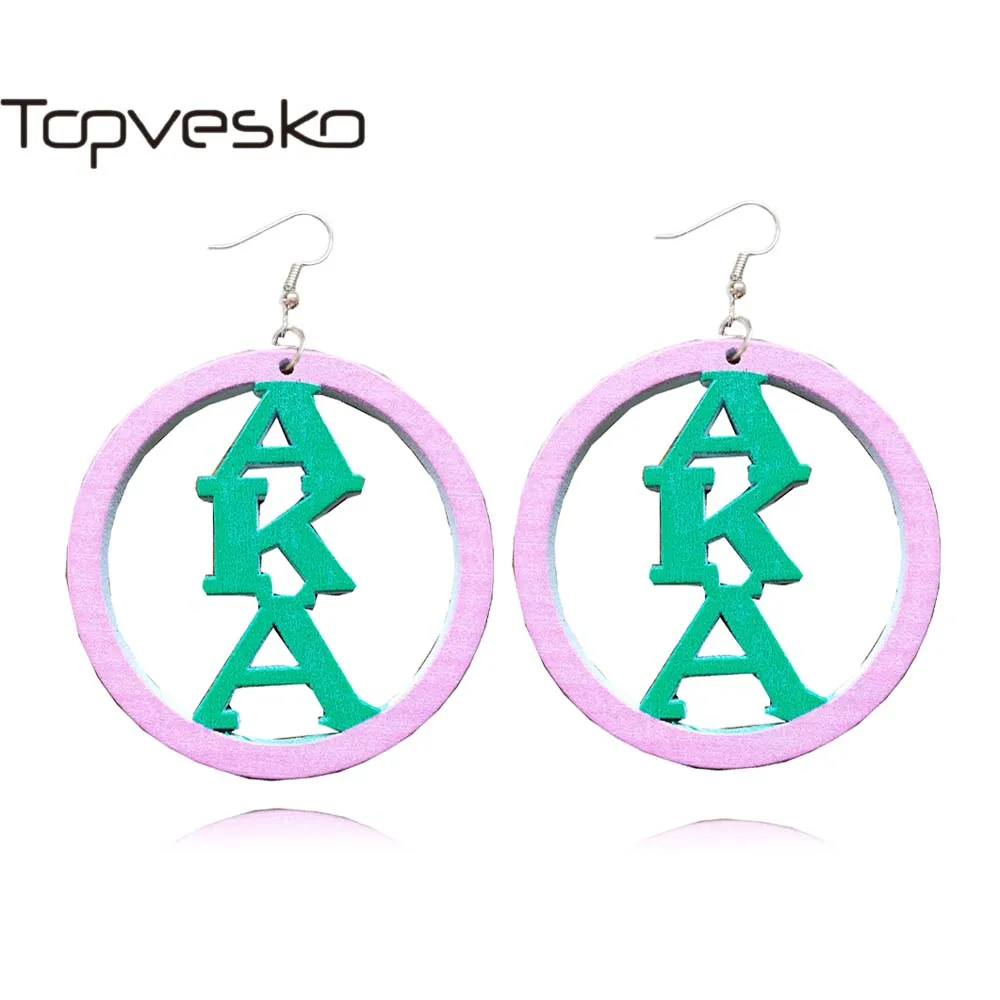 

Greek AKA letters sorority pink and green African natural wooden Earrings