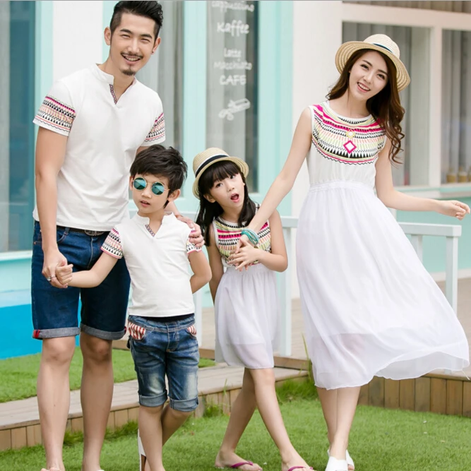 

Family Matching Outfits Mother Mom and Daughter Chiffon Dresses Dad Son T shirts Clothing Mommy and Me Matching Dress Clothes CP