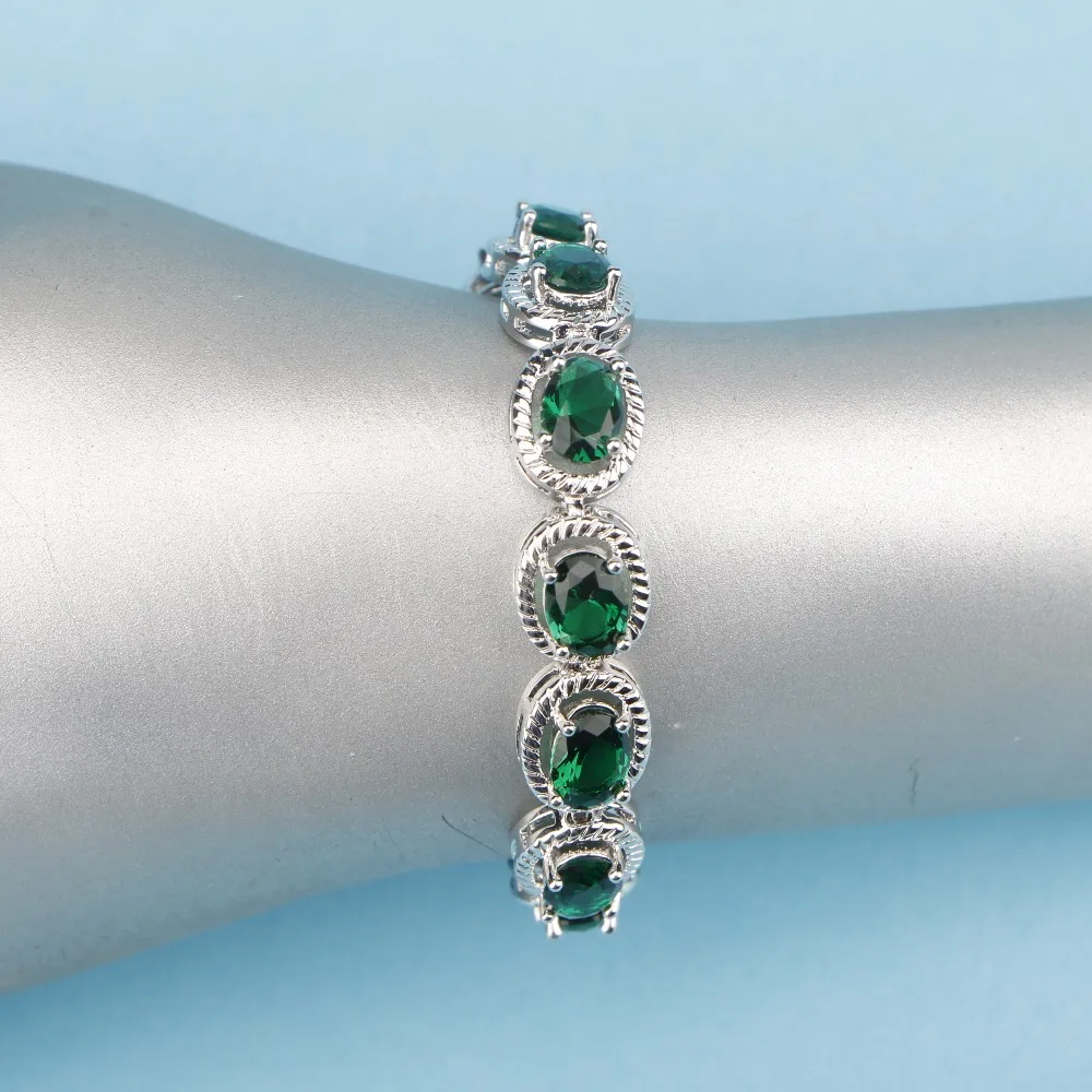 Зеленый имитированный Изумрудный фианит 925 пробы Серебряные Ювелирные наборы для женщин серьги/кулон/ожерелье/кольца/браслеты
