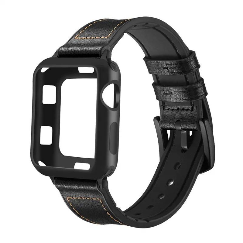 black Для Apple Watch 4 группа 40 мм 44 мм спортивные повязки винтажный кожаный ремешок с силиконовым Защитный чехол для iWatch 1/2/3 38 мм 42 мм - Цвет ремешка: black