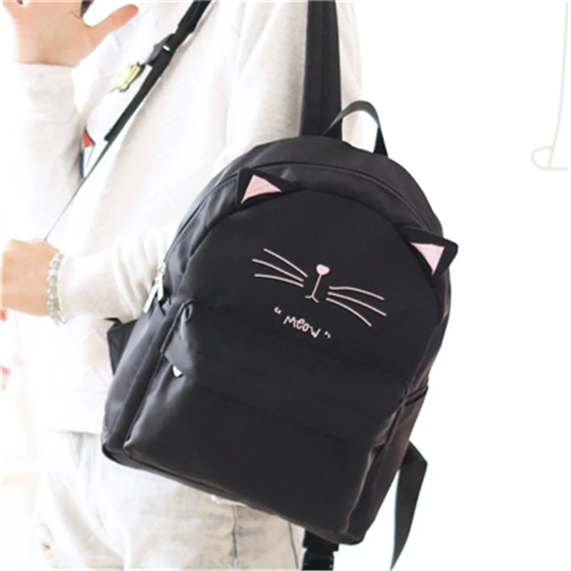 Fashion Fresh Cute Black Cat Ears Women Nylon&Polyester Backpack Zipper