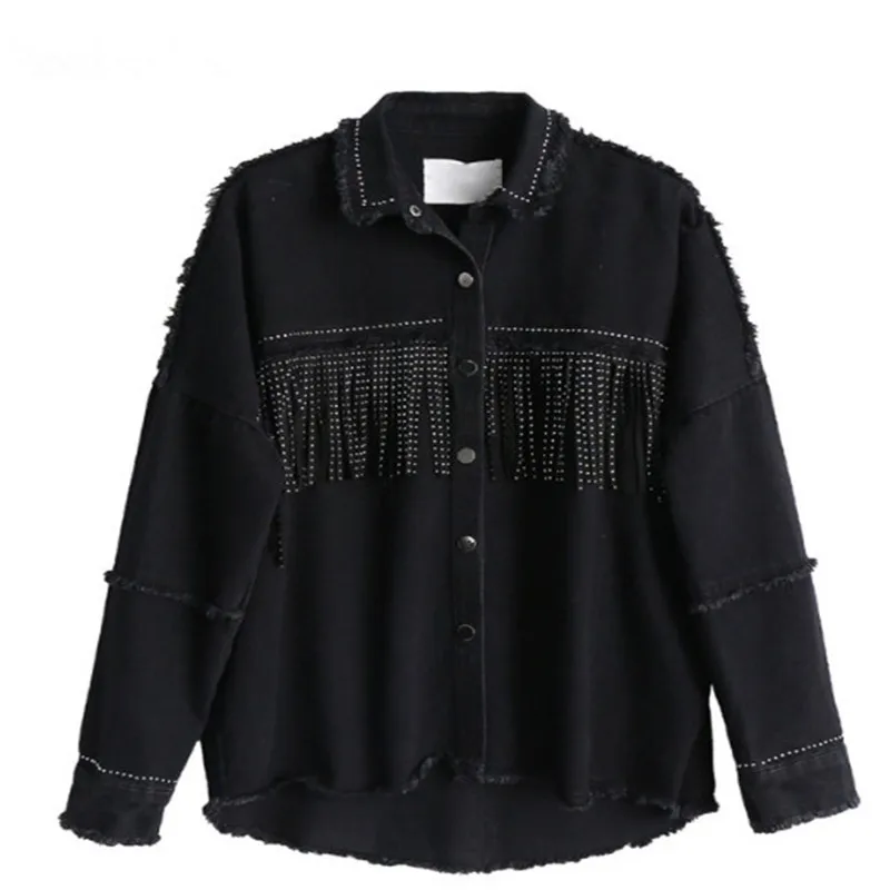 

Women Spring Black High Quality Loose Denim Jacket Coat Sequined Tassels Streetwear All-match Mental Covered Button Outerwear