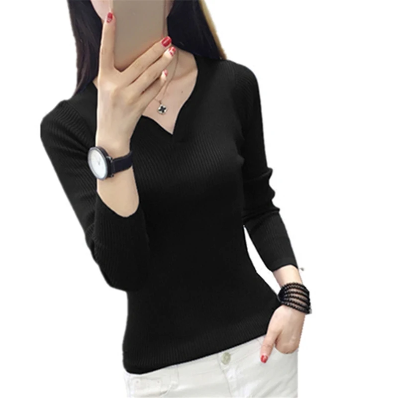 

2019 Autumn Winter Women Knitted Pullover Sweaters V Neck Long Sleeve Solid Sexy Slim Women Kntwear Sueteres mujer de moda