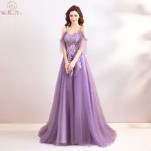 Фиолетовые платья для выпускного вечера Длинные выпускные Спагетти ремень с открытыми плечами аппликации кружевные со стразами трапециевидные V образным вырезом тюлевые вечерние платья