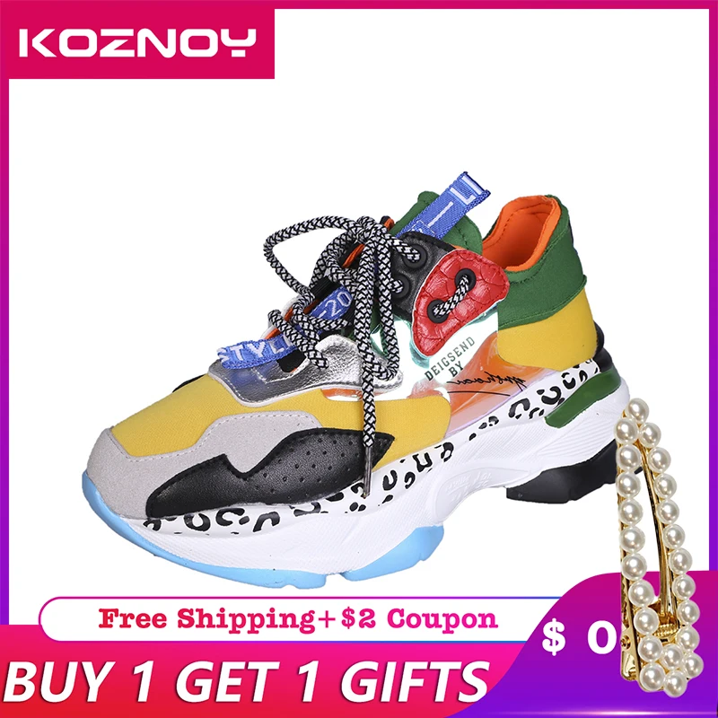 

Koznoy 2019 New Sneakers Dropshipping Women Platform Sneakers Casual Flats Breathable Fashion Lace Soft Woman Chunky Shoes