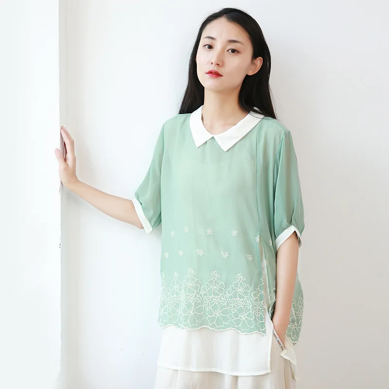 

Johnature Casual Ladies Blouses Short Sleeve Turn-down Collar Tops 2019 New Summer Clothes Embroidery Floral Loose Women Shirts