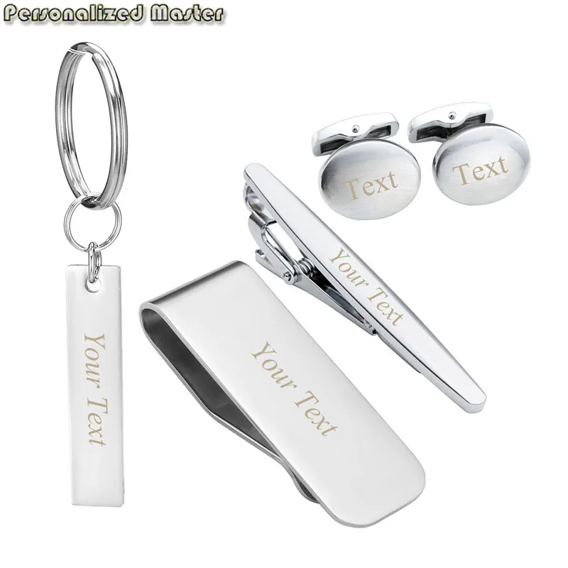 

Personalized Master Free Engraving Custom Stainless Steel 5pcs Cufflinks Tie Clip Tie bar Money Clip Keychain for Mens Business