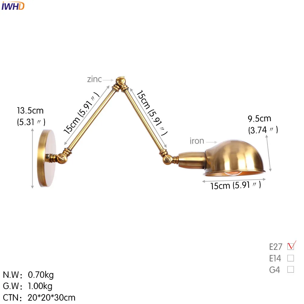 IWHD деревенском стиле ретро светодиодный Винтаж настенный светильник Ванная комната Спальня промышленные распашные длинные руки Ретро