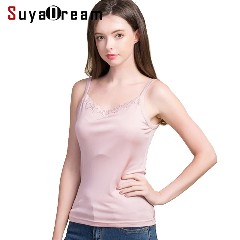 

SuyaDream Women Silk Camis 100%Real Silk Knitted lace Camisoles 2022 Summer Bottoming T shirt Beige White Tanks