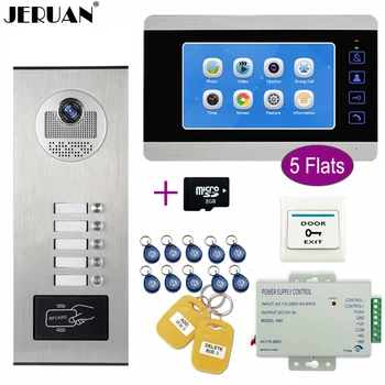 

JERUAN Apartment Bell 7`` Video Doorbell DoorPhone Video/Voice Record Intercom System Kit HD RFID Access Camera For 5 Households