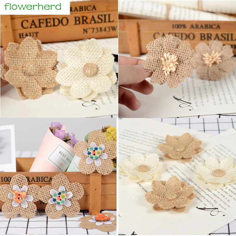 20pcs 5cm Handmade Natural Jute Flower Rose Hat Diy Craft Rustic
