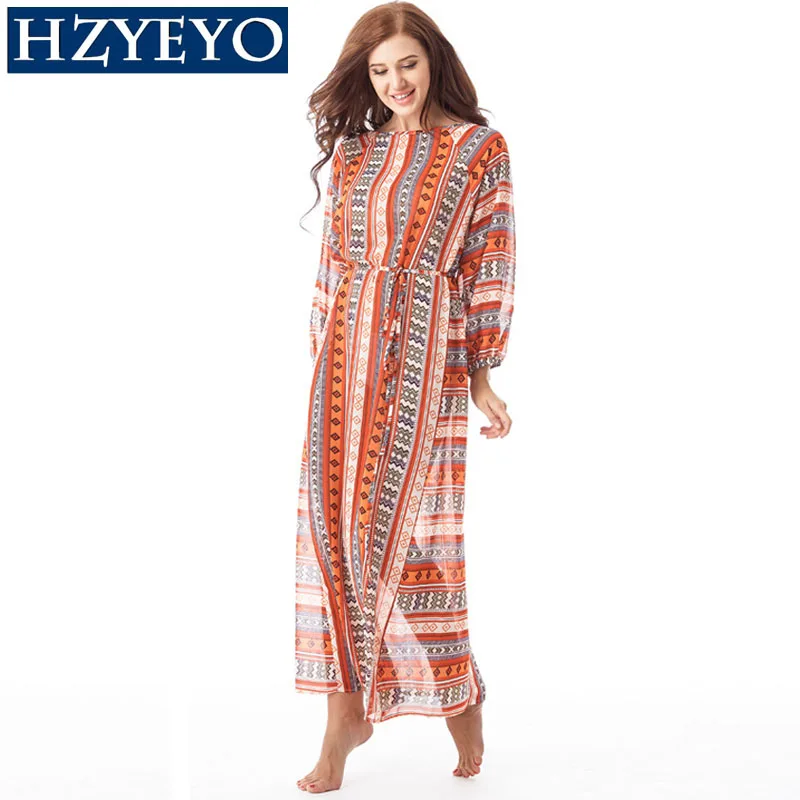 HZYEYO Beach dress long cover ups womens beachwear swim Cover Up Print Off shoulder Striped Z