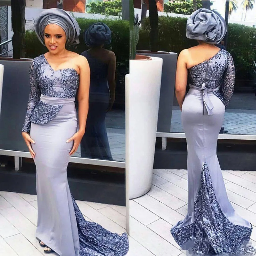 2018 Modest Aso Ebi Long Evening Dresses Mermaid Prom Gowns Satin Peplum Lace Applique One Shoulder Party Gown139