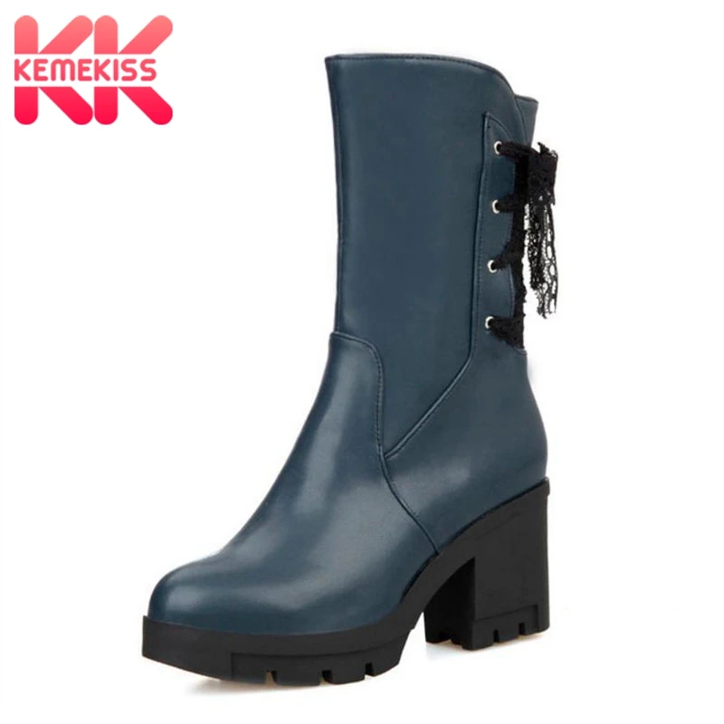 

KemeKiss Sexy Women High Heel Boots Zipper Lace Bowknot Warm Shoes Women Winter Mid Calf Boots Vintage Party Shoes Size 34-41