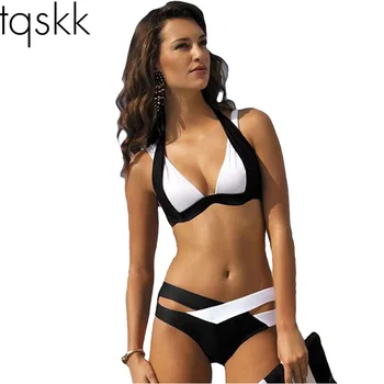 

TQSKK 2019 New Bikinis Women Sexy Patchwork Swimsuit Retro Black White Beach Bikini Set Vintage Swimwear Brazilian Bathing Suit