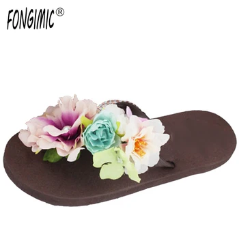 

Summer Time Casual Wera Good Quality Women Sjoes Flat With Handmade Floral Coffee Female Flip Flops Comfortable Wear Cozy