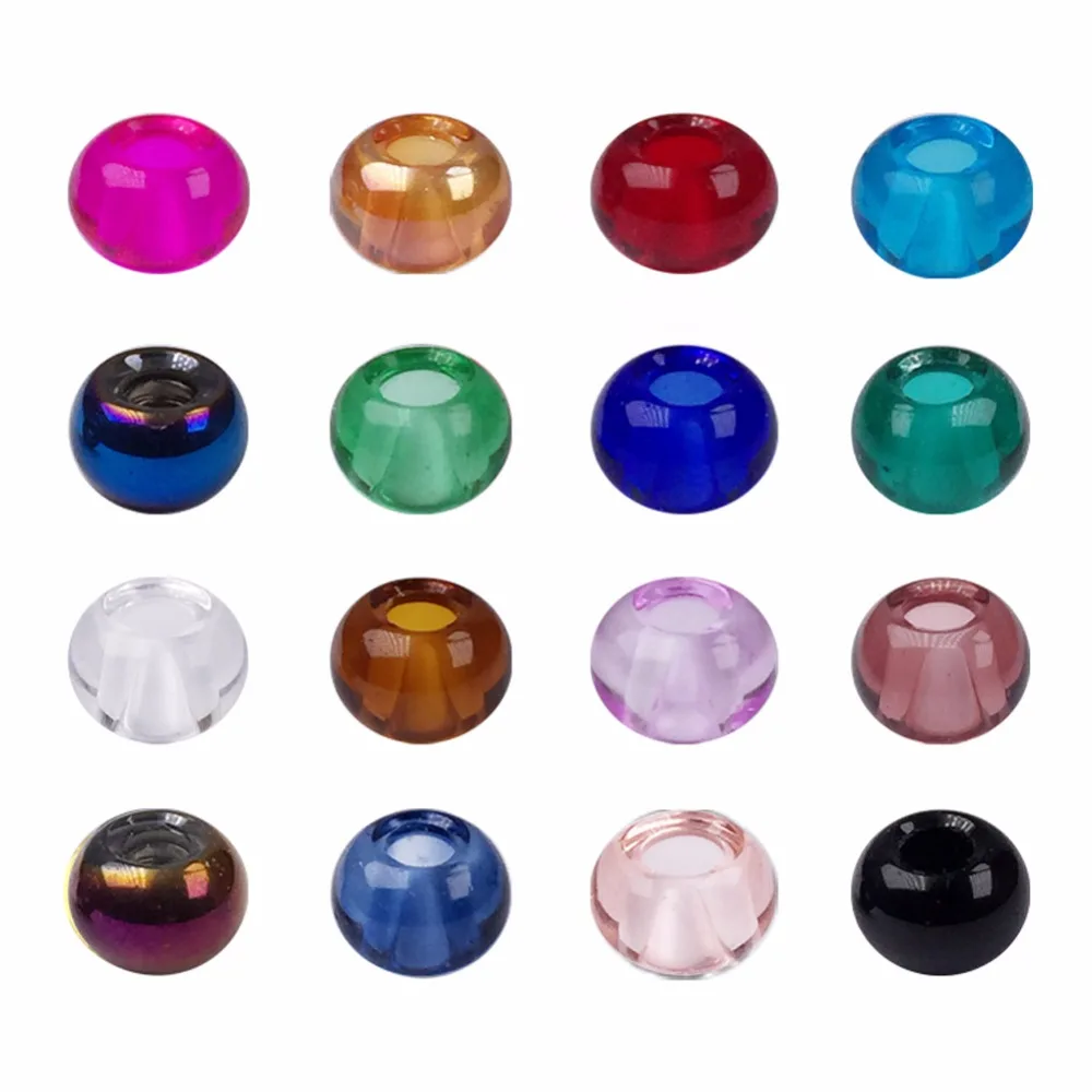

100Pcs/lot 14.5x10mm Mixed Color Rondelle Large Hole Glass beads with no Brass Core,European Bead for Diy Charm Bracelet