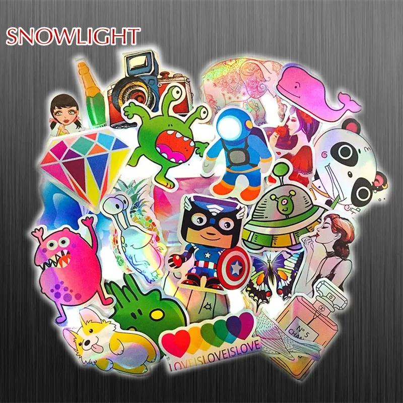 25Pcs/lot Reflective Laser Laptop Stickers Bomb ET UFO Shining Flash Graffiti Decals For DIY Skateboard Luggage Motorcycle Car