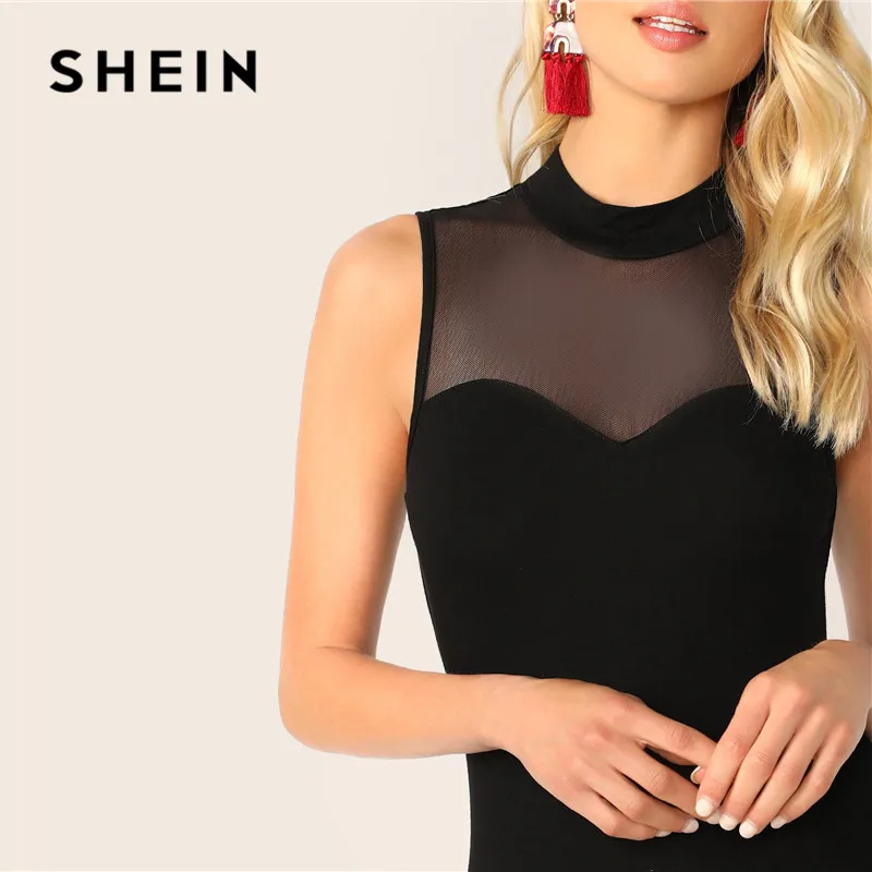 SHEIN Боди С Сетчатыми Вставками И Стоячим Воротником Женское Летнее Черное Элегантное Боди Без Рукавов
