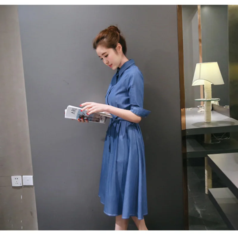  Women's clothing solid color half-sleeved belt slim denim shirt dress ladies fashion casual long section jeans dress (15)