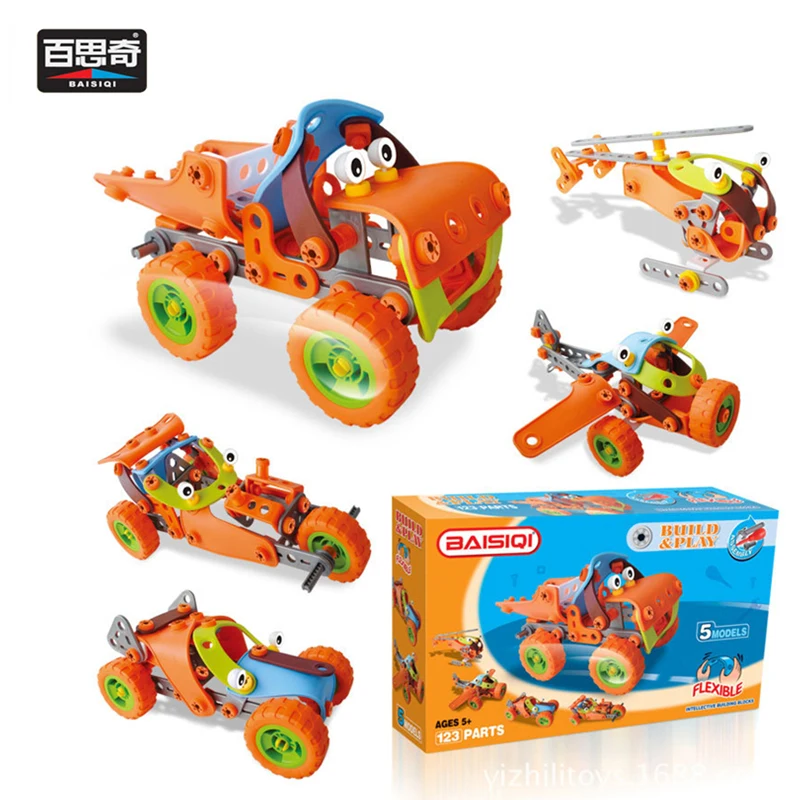 

5 IN 1 Cartoon Toy Car Aircraft Variable Building Blocks Trending Flexible Tool Assembly Toy With Screw Nut Wrench Toy For Kids