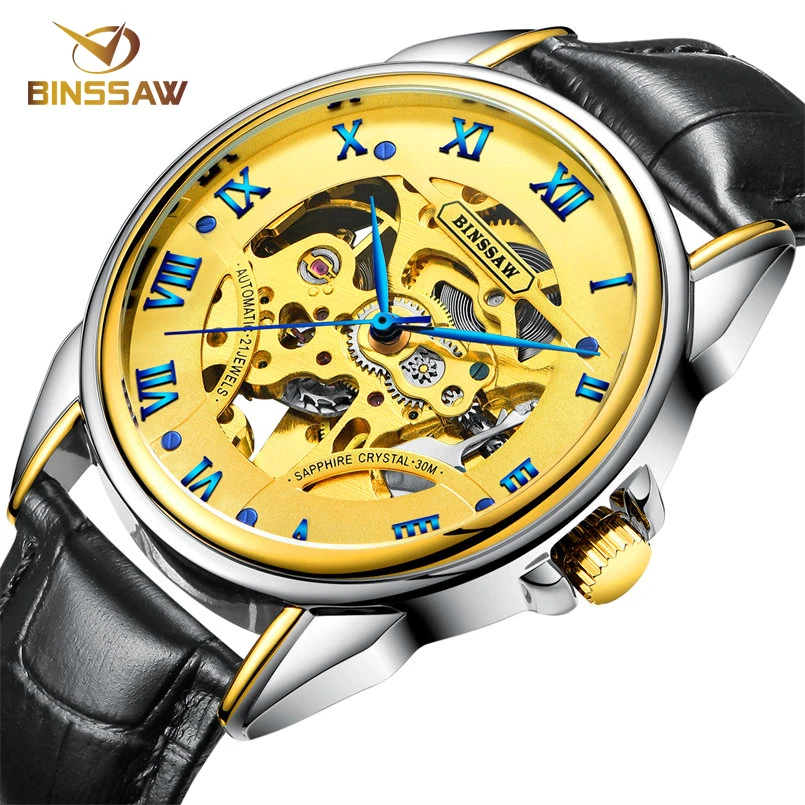 

BINSSAW Dress Skeleton Watch Men Top Brand Luxury Mechanical Wrist Watch Waterproof Automatic Men Watch Leather Strap Male Clock